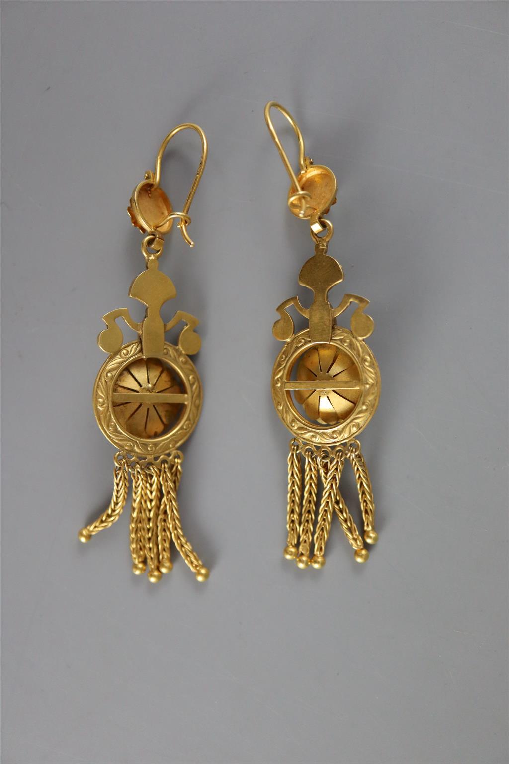 A pair of Victorian Etruscan style 15ct gold and turquoise set disc and tassel drop earrings,